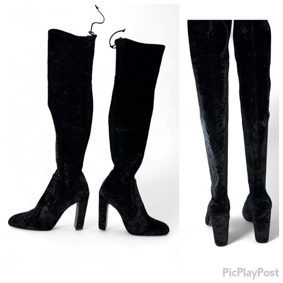 Stuart Weitzman Shoes - Stuart Weitzman Black Vidaland 100 Over the Knee Crushed Velvet Boots 7 NWOB